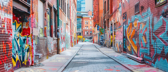 A vibrant urban alleyway filled with colorful street art and graffiti in a bustling city.