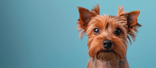 Small Brown Dog With Long Hair on Blue Background