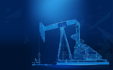 Pumpjack, technological low poly style. Oil production, innovative technologies. Polygonal wireframe contemporary vector illustration.