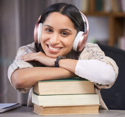 Smile, textbook and portrait of girl with headphones for music, learning and literature for exam....
