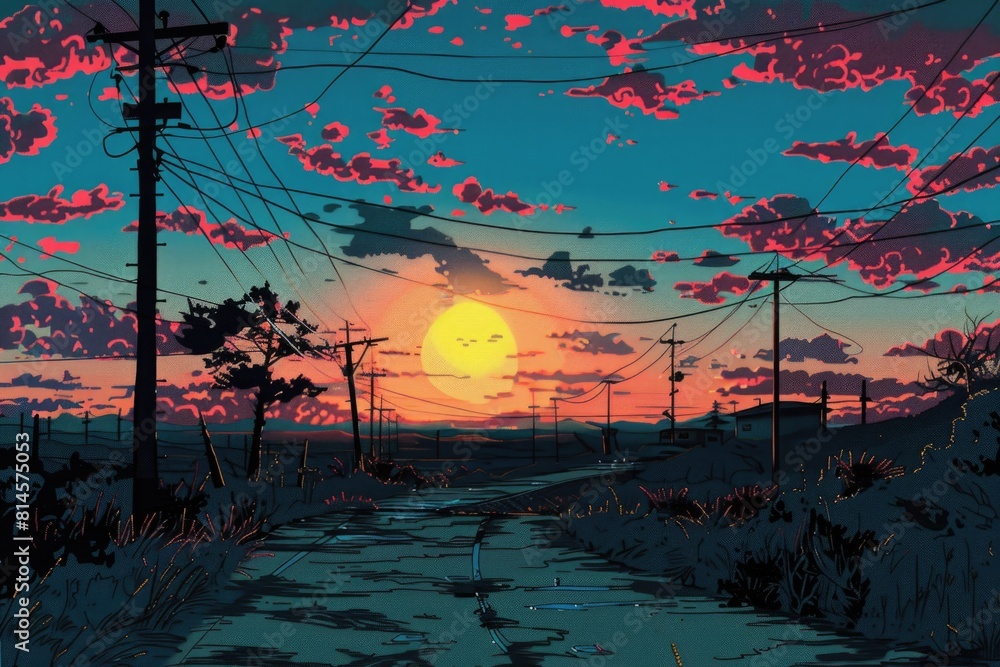 Poster a painting of a road with power lines in the background. suitable for various design projects