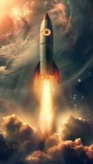 Fototapeta premium Rocket soaring through low clouds, the background a blur of swirling mist, hyperrealistic, cinematically lit by the diffused sunlight