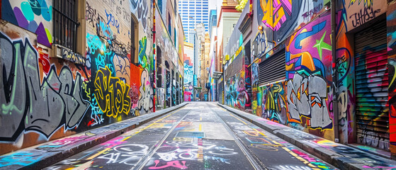 Vibrant street art decorates a narrow urban alleyway, showcasing a colorful and dynamic graffiti...