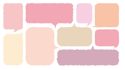 Set of hand drawn style cute memo sticker. Variety abstract shapes of pink speech bubble. Girl style frame with crayon draw. Chat box balloon cloud. Sweet retro label tag collection vector for text