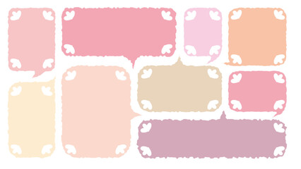 Set of hand drawn style cute memo sticker. Variety abstract shapes of pink speech bubble. Girl style frame with crayon draw. Chat box balloon cloud. Sweet retro label tag collection vector for text