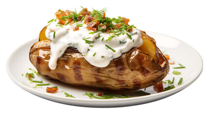 A baked potato with sour cream and chives on top and a transparent background.