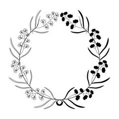line art illustration and stamp silhouette of an orchid flower stalk forming an arch as a round frame