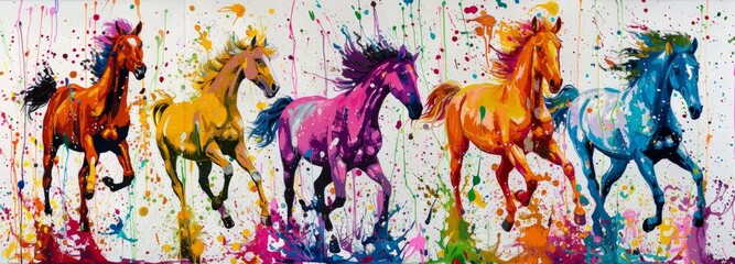 Fototapeta na wymiar Three horses running in the colorful background, abstract painting style, oil and water color on canvas, high resolution