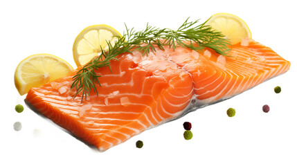 A baked salmon fillet with lemon slices on top and a transparent background.