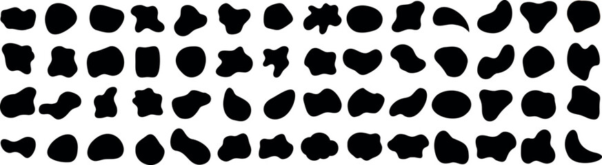 Black fluid shapes, organic shapes, blotch, blob, abstract design elements isolated on white background