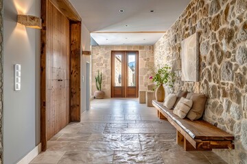 contemporary coastal interior design of an entrance hall with stone tile walls and rustic wooden elements digital photography