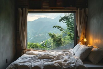 cozy bed by window with scenic view of hillside village interior photography
