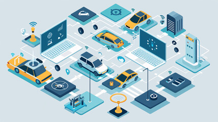 Modern internet of things, IOT, augmented reality, wifi signal, router, laptop, Smart building, smart car connecting with each other blue theme