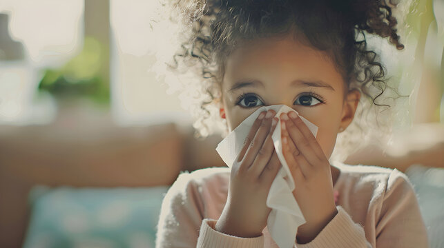 A cute African American little girl sneezes into a tissue. Concept of allergy or runny nose from cold