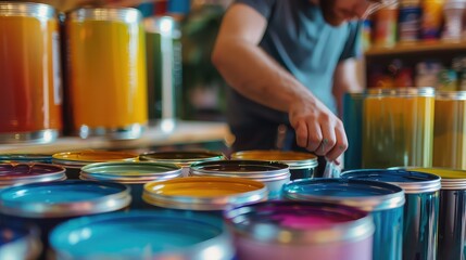 Behind the scenes: A close-up of a young man skillfully labeling paint cans for display.