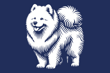 Samoyed dog. Bjelkier.  Engraving vector illustration, logo, icon, emblem. White on blue. Shape and outline. Print