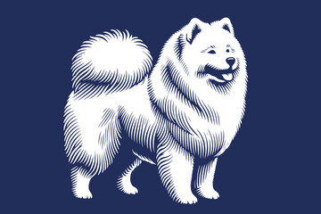 Samoyed dog. Bjelkier.  Engraving vector illustration, logo, icon, emblem. White on blue. Shape and outline. Print