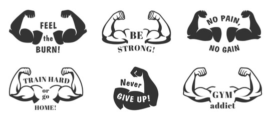 Gym posters. Muscular arms and strong biceps with inspirational fitness motivation and encouraging slogans vector illustration set