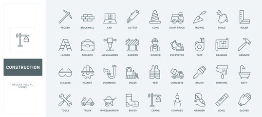 Safety helmet and boots of contractor, blueprint of building and builders wheelbarrow thin black and red outline symbols, vector illustration. Construction site tools and equipment line icons set