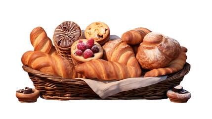 A basket of assorted pastries with a transparent background.