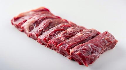 Intimate view of raw, premium strip loin, emphasizing the fresh, rich texture, isolated on a clean background with studio lighting