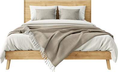 Cozy wooden bed with beige blankets and pillows isolated on transparent background.