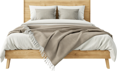 Cozy wooden bed with beige blankets and pillows isolated on transparent background.