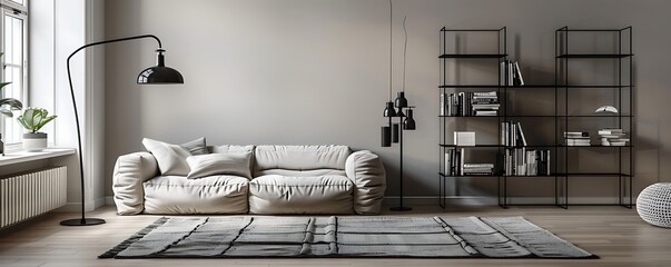 A chic living room with a minimalist vibe, featuring a low-profile ivory sofa, a sleek black floor lamp, and a large, monochrome rug