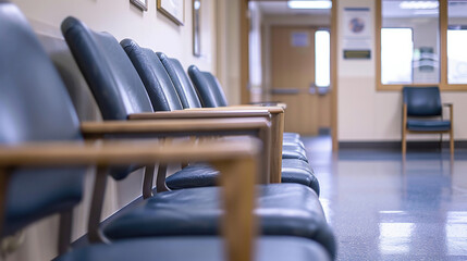 Empty waiting room in lobby at medical facility, used to help patients with appointments and healthcare insurance.