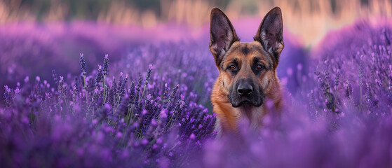 A german shepherd standing in a purple lavender field. 