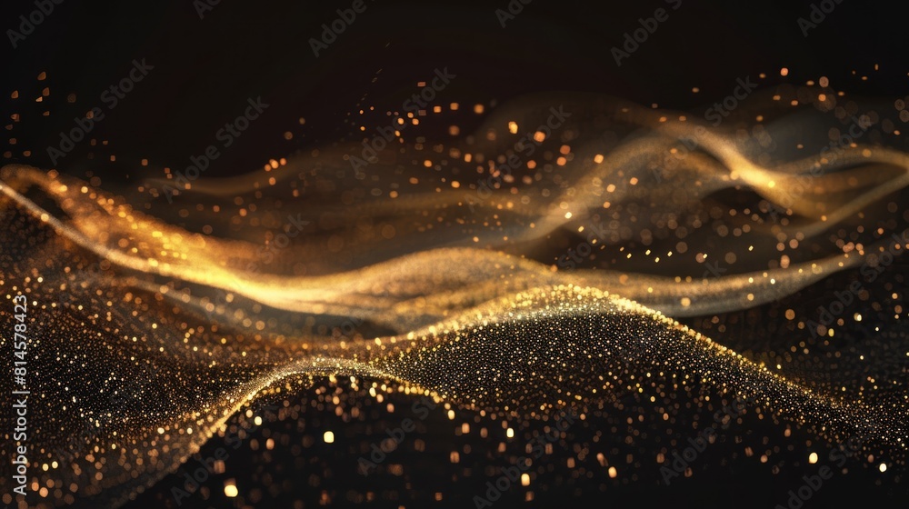 Poster abstract golden wave. shiny gold line design element with sparkling effect on dark background