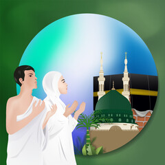 Vector of Hajj and praying in Mecca and Medina