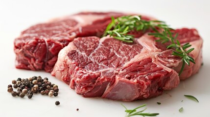 Fototapeta premium Detailed shot of raw Rib Eye beef, highlighting the fresh meat's texture and marbling, perfect for advertising, isolated background
