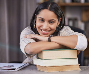 Smile, relax and portrait of girl with books in library for literature, learning or info for...