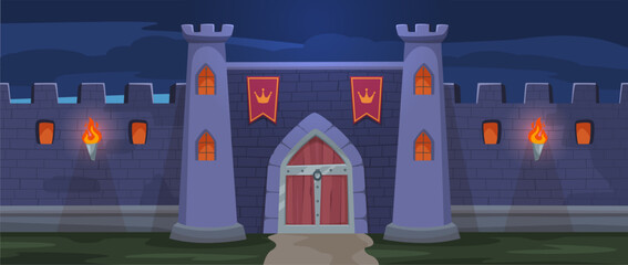 Night medieval fortress gate. Nocturne fantasy kingdom entrance, royal stronghold cartoon vector background illustration