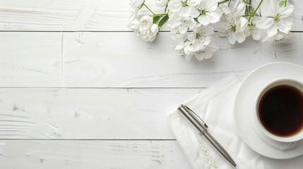 Guest list, coffee, pen and beautiful flowers on white wooden table, flat lay.