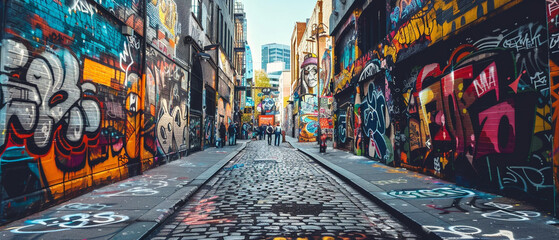 Vibrant city street showcasing colorful graffiti art on walls with urban elements like street...