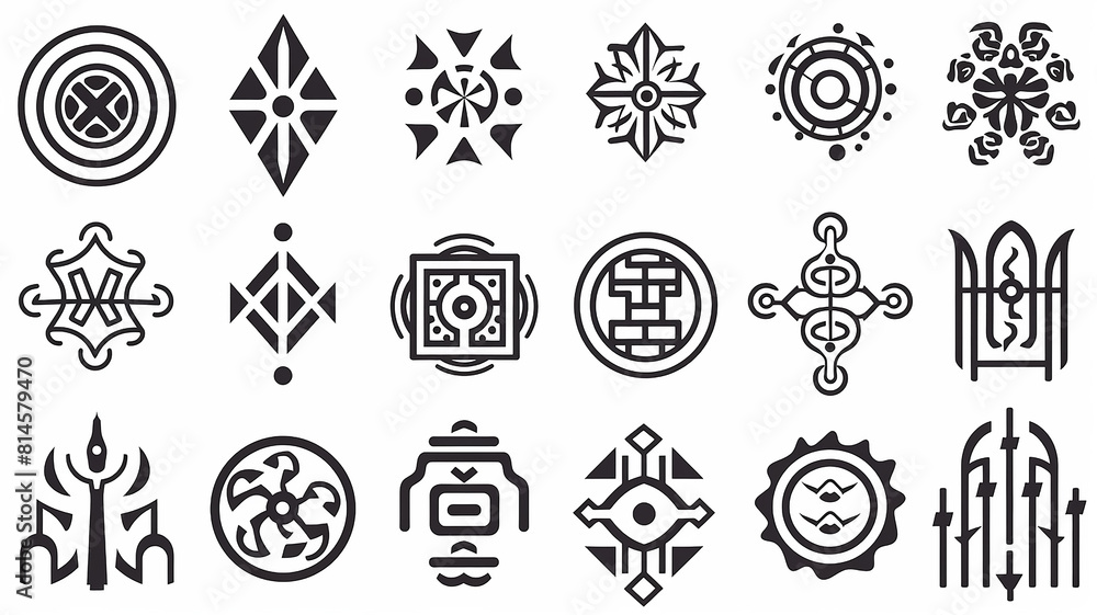 Wall mural set of fictional symbols of rune icons on a white background, mystical logos and signs collection on