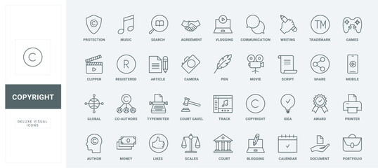 Content creation and storytelling, license for music, video and online games thin black and red symbols vector illustration. Trademark, patent and intellectual property protection line icons set