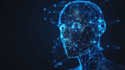 An abstract depiction of a robot with artificial intelligence, featuring biometric scanning and face recognition technology in a polygon vector wireframe concept.