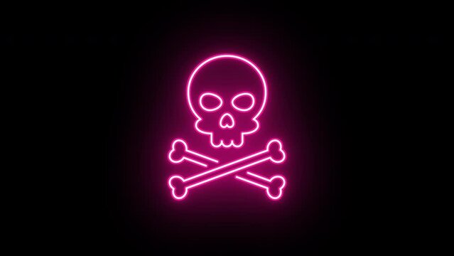 Neon skull crossbones icon animation, flickering emergence and fading. Glowing neon jolly roger sign, looped animation. Pirate skull emoji, corsair cranium, danger, death warning, skeleton. Red