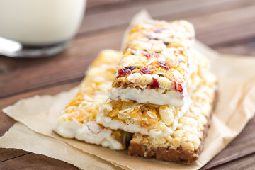 Delicious granola bars with oat, honey and yogurt, healthy food for breakfast. Homemade cereal...