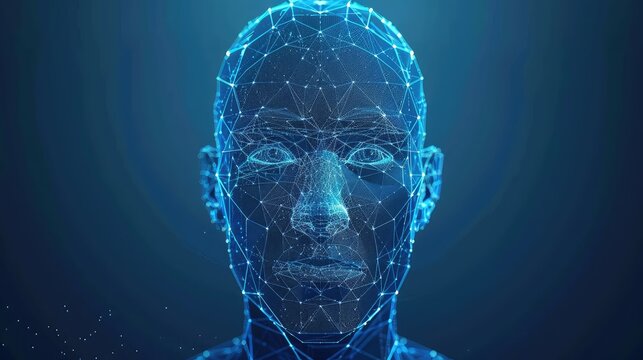 An abstract depiction of a robot with artificial intelligence, featuring biometric scanning and face recognition technology in a polygon vector wireframe concept.