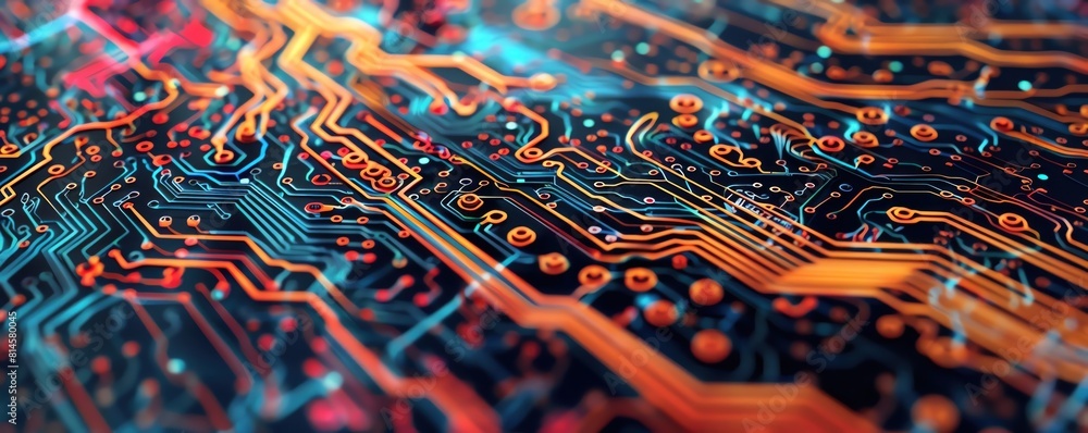 Poster circuitry patterns top view close up of intricate circuit board designs abstractly representing the 