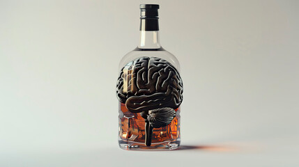 3D illustration of a bottle of whiskey with human brain inside.