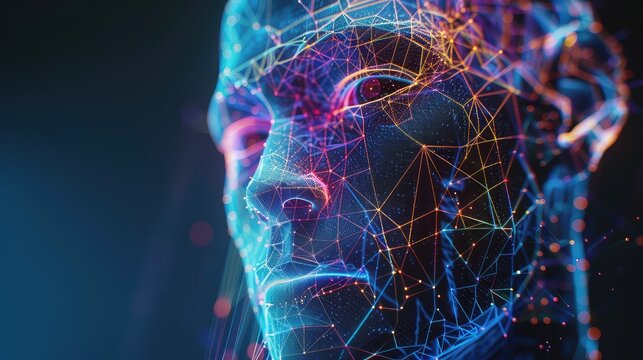 A surreal scene featuring a cyborg man with AI, with face recognition and biometric scanning technology depicted in a polygon vector wireframe style, representing the fusion of human-like intelligence