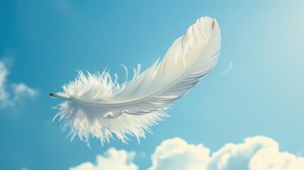 a light feather gracefully glides in the air, clouds at the background