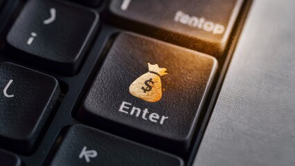 Keyboard Key Featuring a Money Bag Icon - Online Income, Working from Home, Digital Nomad Lifestyle