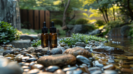 Two essential oil bottles beside a stream