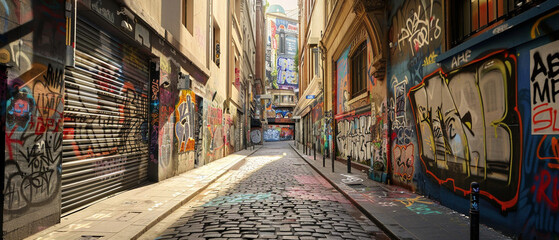 Colorful graffiti covers walls in urban street scene with pedestrians walking by on a sunny day.